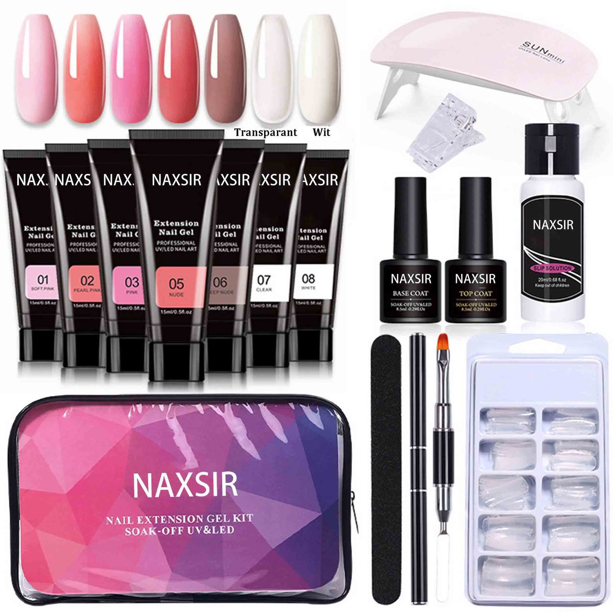 NAXSIR Compleet Nagellak & Nagelverlenging Set - 7 Kleuren 15ml Nagellak - Met Nagellamp, Gereedschap & Soak - Ideaal voor Professionele Nagelstijlen 01/02/05