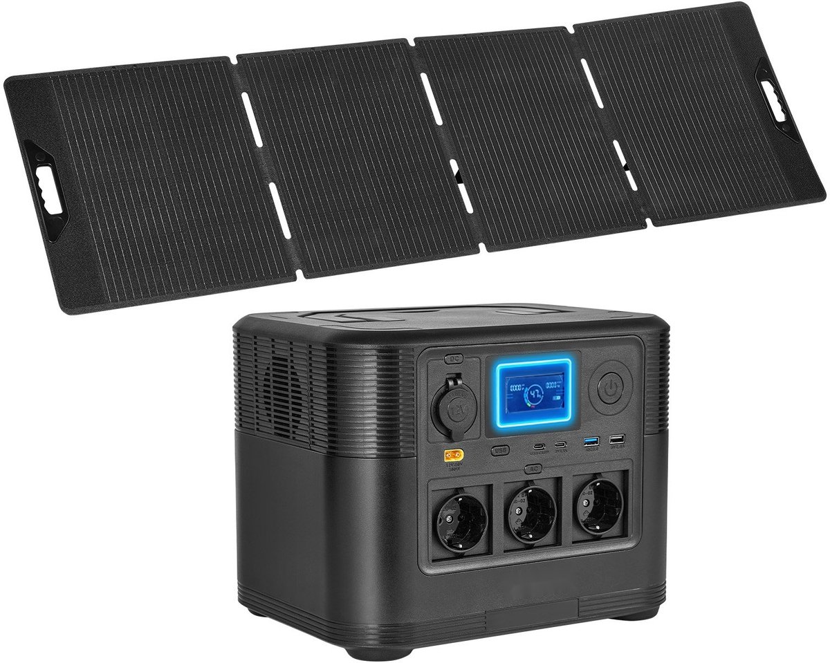 Draagbaar Stroomstation - Zonnegenerator Pakket - 1008Wh LiFePO4 Accu - 1800W Omvormer - 200W Zonnepaneel Inbegrepen - 9 Uitgangen - Noodstroom voor thuis, camping en camper