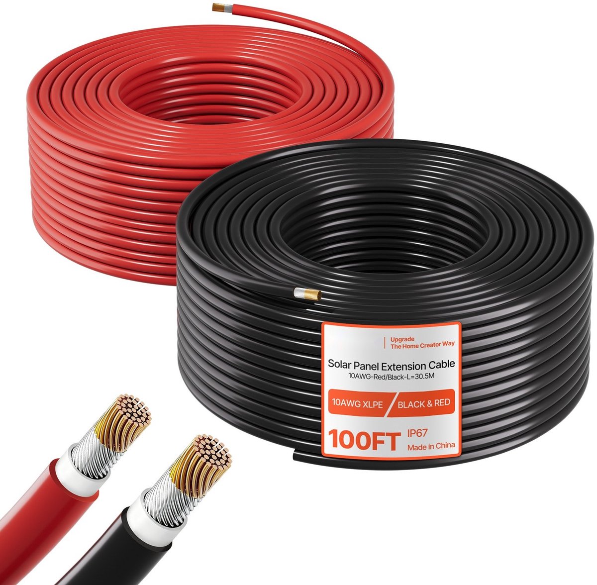 Zonnepaneel Verlengkabel Set - PV-kabel 2x 30,5 m - 10 AWG (≈5,3 mm²) - Vertind Koper - IP67 Waterdicht - UV- en Weerbestendig - Voor Off-Grid Systemen - Zwart/Rood