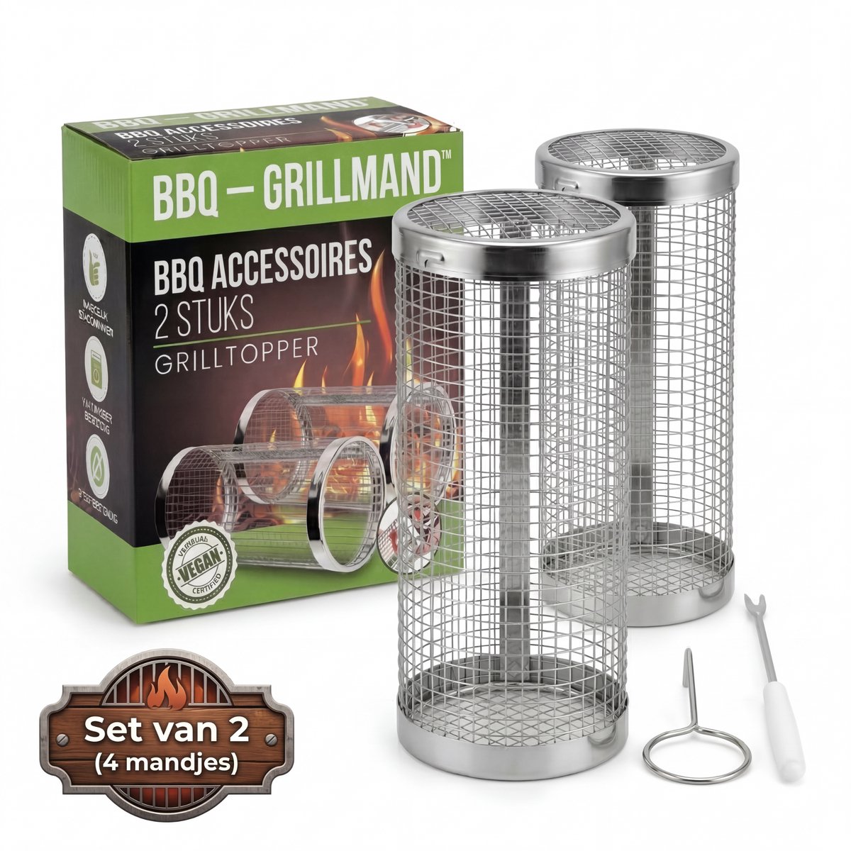 Oneproduct BBQ Grillmand - 4 stuks - RVS - Voor Groenten, Vlees en Vis