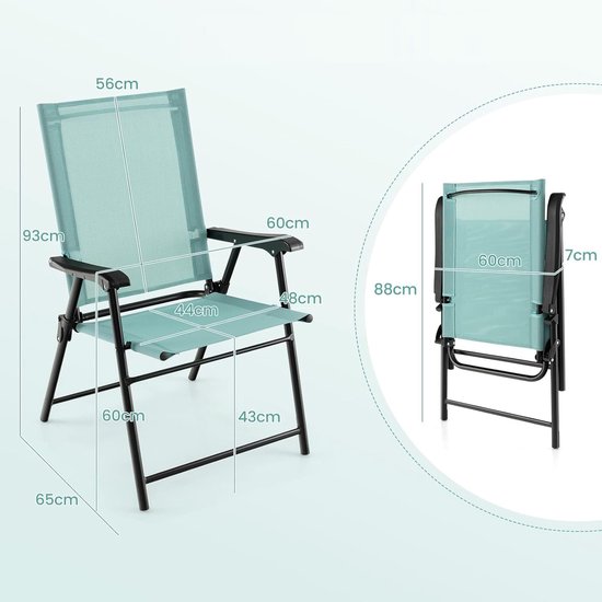 KOMFOTTEU Set van 2 Klapstoelen, balkonstoelen, set van 2, draagbaar, tuinstoelen met rugleuning, terrasstoelen, weerbestendig, campingstoelen, inklapbaar, voor tuin, balkon, terras (mintgroen) — afbeelding 2