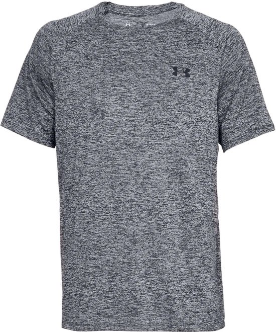 Grijs gemêleerd Under Armour sportshirt met korte mouwen en zwart logo op de borst.