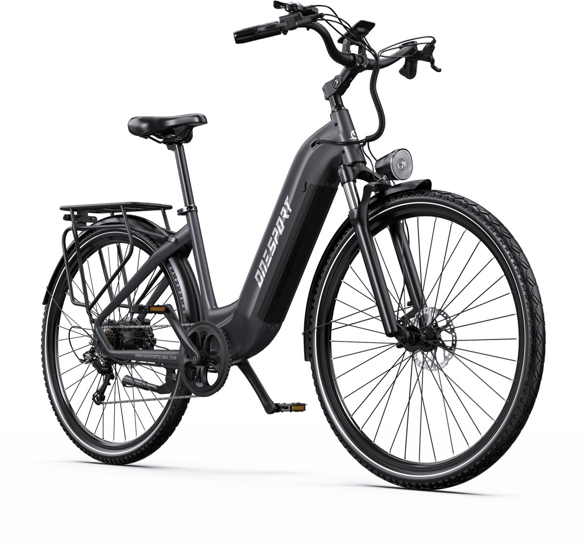 ONESPORT Elektrische Fiets - 810Wh Verwijderbare Batterij - 140km Actieradius - 28" Wielen - Shimano 7 Versnellingen - Hydraulische Schijfremmen - Aluminium Frame - LCD Display & APP - Elektrische Stadsfiets - Technisch grijs