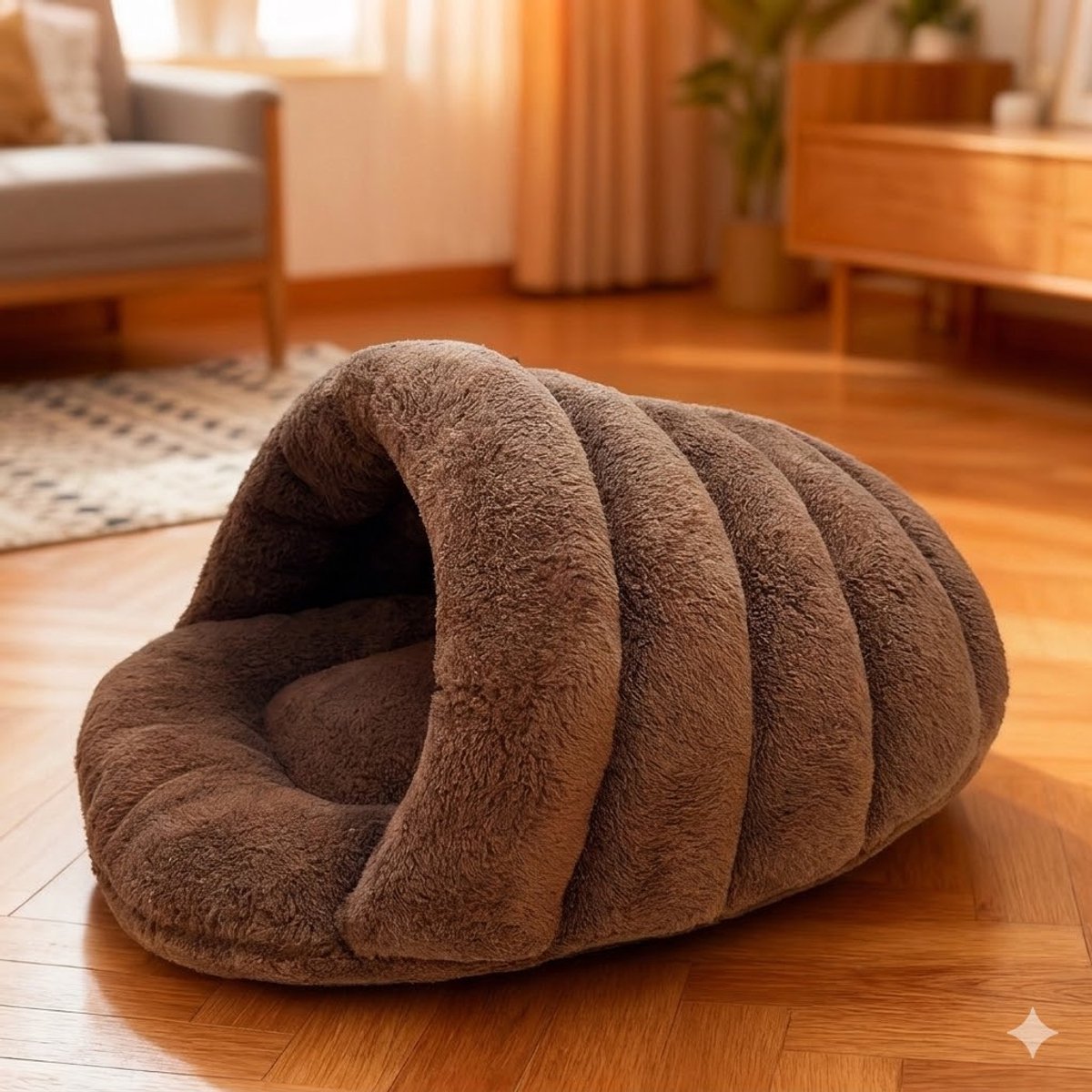 Luxe Pluche Kattenmand & Hondenmand - Ribbel Design Slaapzak - 50x40x28 cm - Warm Bruin - Zacht Holletje met Overkapping - Anti-Stress