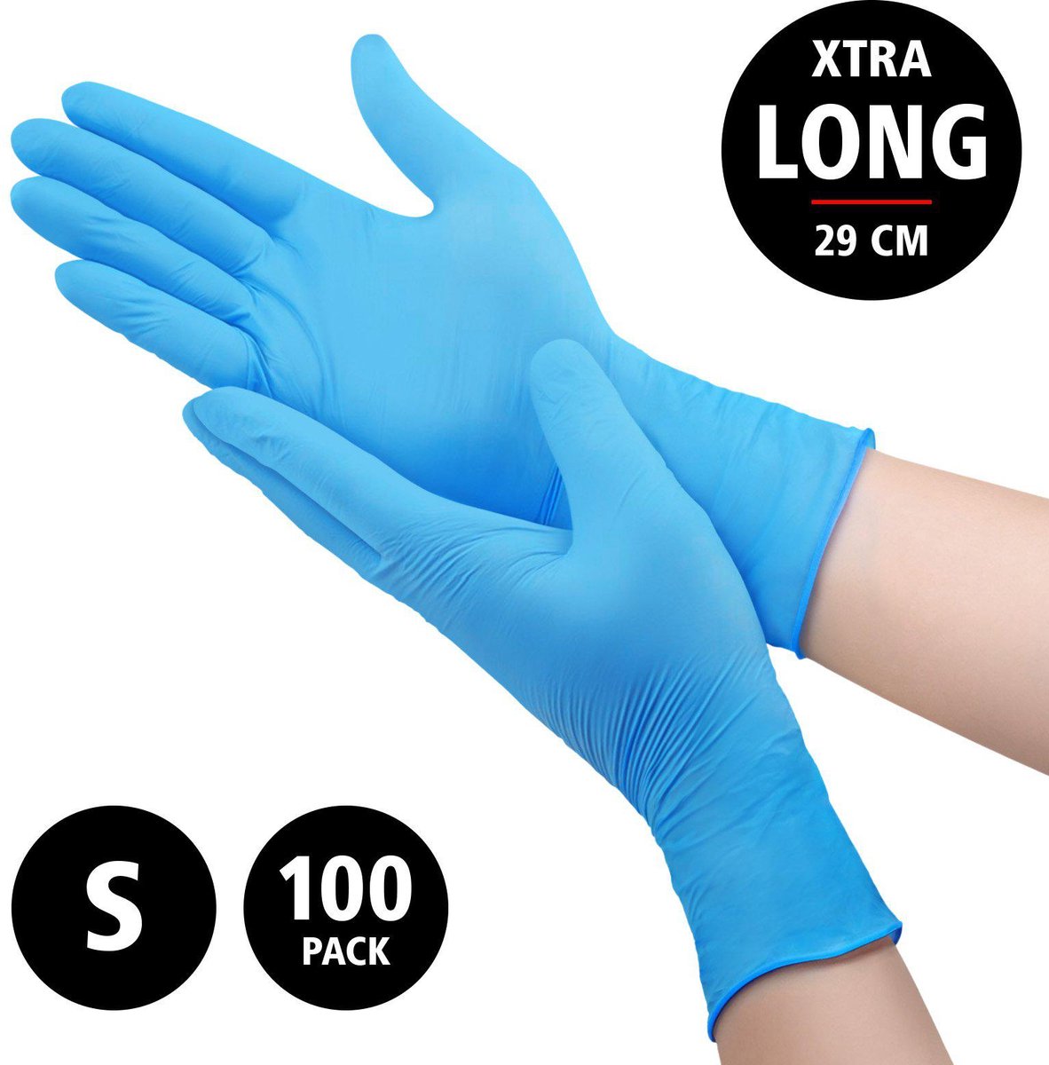 Nitril Power Handschoenen Ongepoederd - Blauw - Extra lang - Maat S - Amabilia - 100 stuks