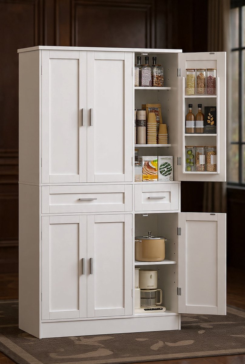Sideboard, keukenkast met 3 laden, 3 deuren, werkblad en verstelbare planken, buffetkast, keukenbuffet, opbergkast voor keuken, eetkamer en woonkamer, hout (wit)-NoviHome