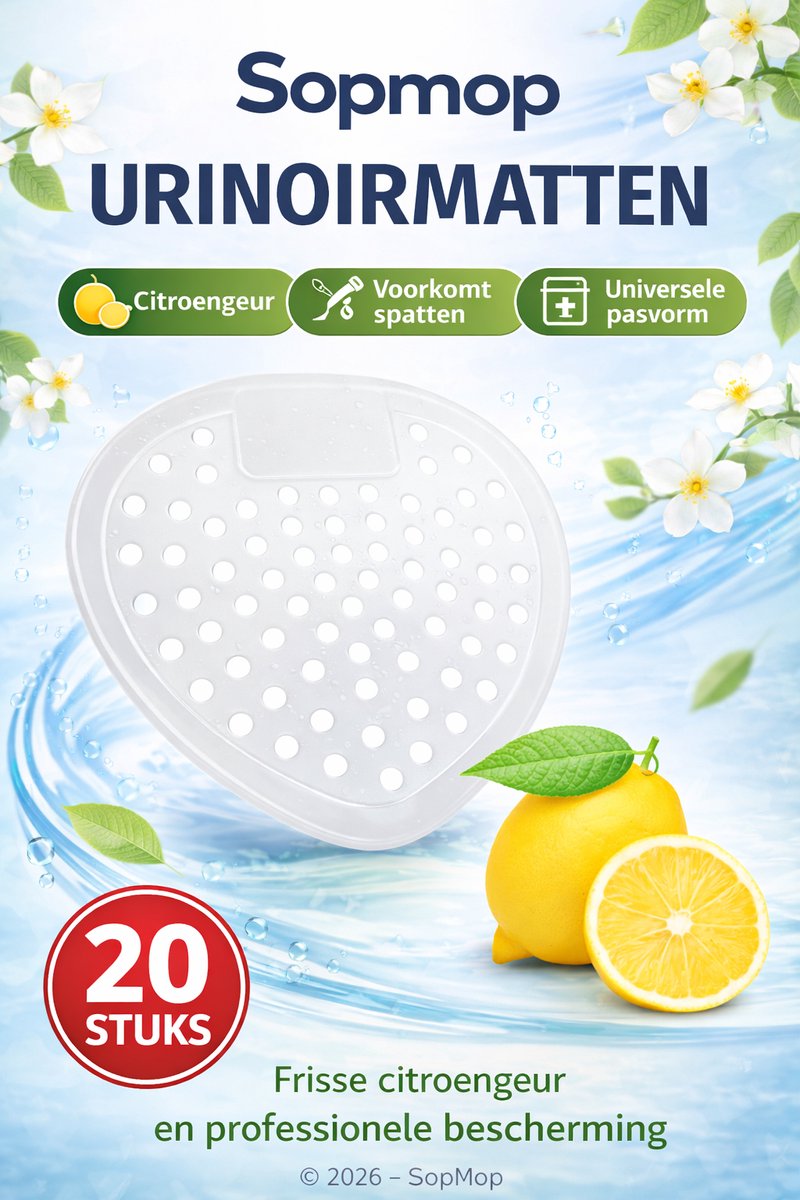 Sopmop Urinoirmatjes Wit – Citroen Geur – 20 Stuks – Anti-Spat Urinoirmatten – Geurverfrisser voor Urinoir