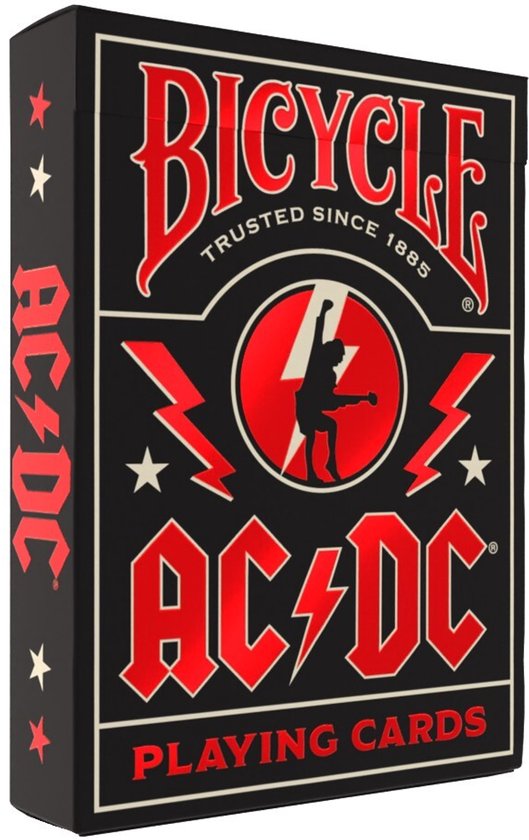 Doos Bicycle AC/DC speelkaarten met bandlogo en bliksem. Zwart met rood.