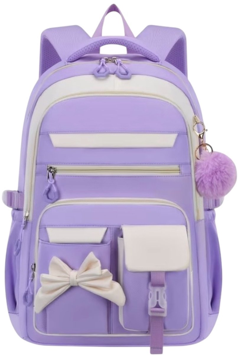 Twenty Two schooltas met sleutelhanger voor meiden/tieners | rugtas voor school/brugklas |32x16x45cm| rugtas met strik | grote capaciteit | 15.6 inch laptoptas | met verstelbare schouderbanden | trolley sleeve | schooltas | reistas | paars/lila/wit