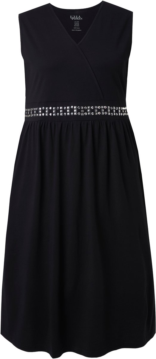 Ulla Popken - Dames - Midi-jurk borduursel wikkellook V-hals mouwloos - Zwart - Maat 66+
