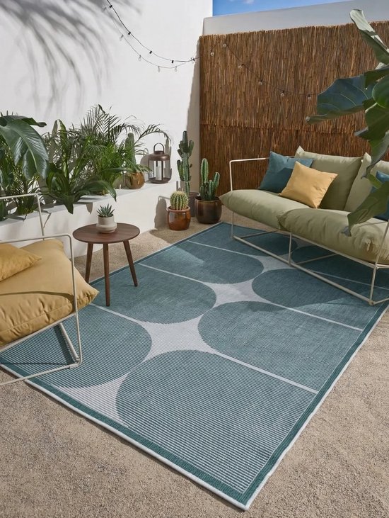Flycarpets Omkeerbaar Terrazo Japandi Buitenkleed Groen / Creme - 200x290 cm - Vloerkleed Buiten - Laagpolig Tuinkleed, Tuintapijt, Buitentapijt