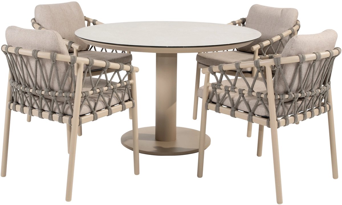 4 Seasons Outdoor Sarah tuinset Ø120 cm met 4 Piacenza dining stoelen - latte