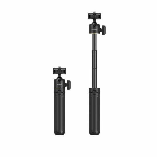Zwarte selfie stick met inklapbare handgreep en verstelbare houder voor camera of telefoon.