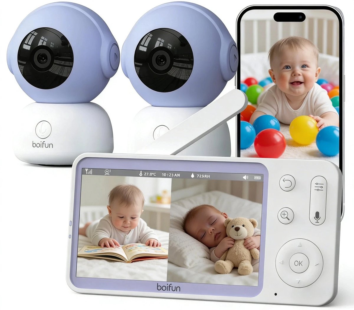 BOIFUN Babyfoon - babyfoon met 2 camera's - 2K HD-Nachtzicht - 5-Inch Display - Op Afstand Bestuurbaar - Video & Audio