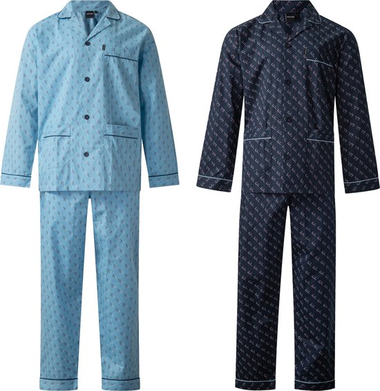Gentlemen - 2 klassieke heren pyjama's 9454 met doorknoop - 100% poplin katoen - blauw en donkerblauw - maat XXL