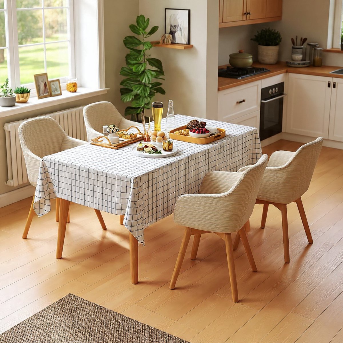 Moderne Draaibare Eetkamerstoelen Set van 4 – Ergonomische Stoel met Armleuningen en Houten Poten – 360° Draaistoel van Cordstof – Beige Design – 56 x 58 x 91 cm – Novihome