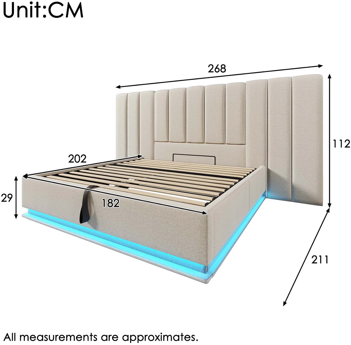 Luxe 180x200 cm Opbergbed met LED Verlichting en USB + Type-C Oplaadfunctie – Hydraulisch Gestoffeerd Tweepersoonsbed met Linnen & PU Leder – 268x211x112 cm – Abkantoor