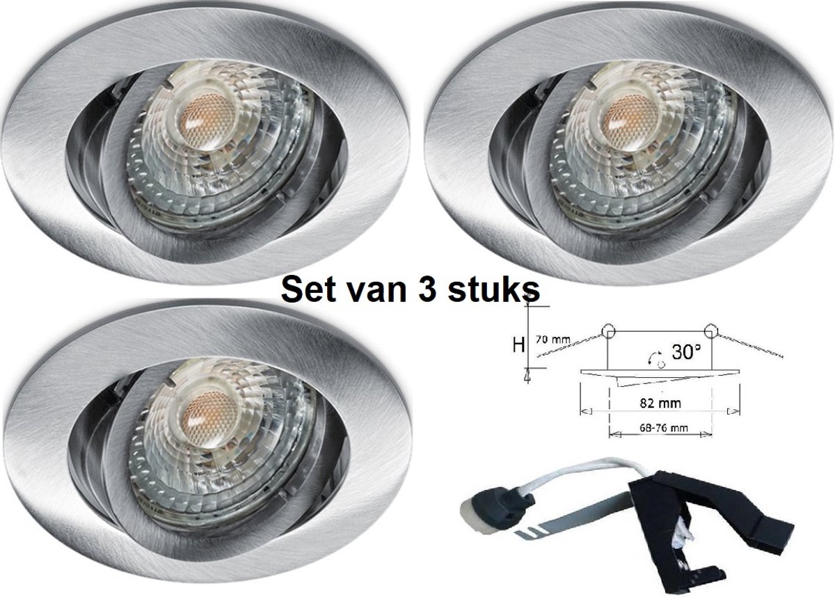 Geborsteld Aluminium Inbouwspot – Verstelbaar 30° – Incl. Dimbare GU10 LED 4000K – 4W (345 lm). 3 stuks.