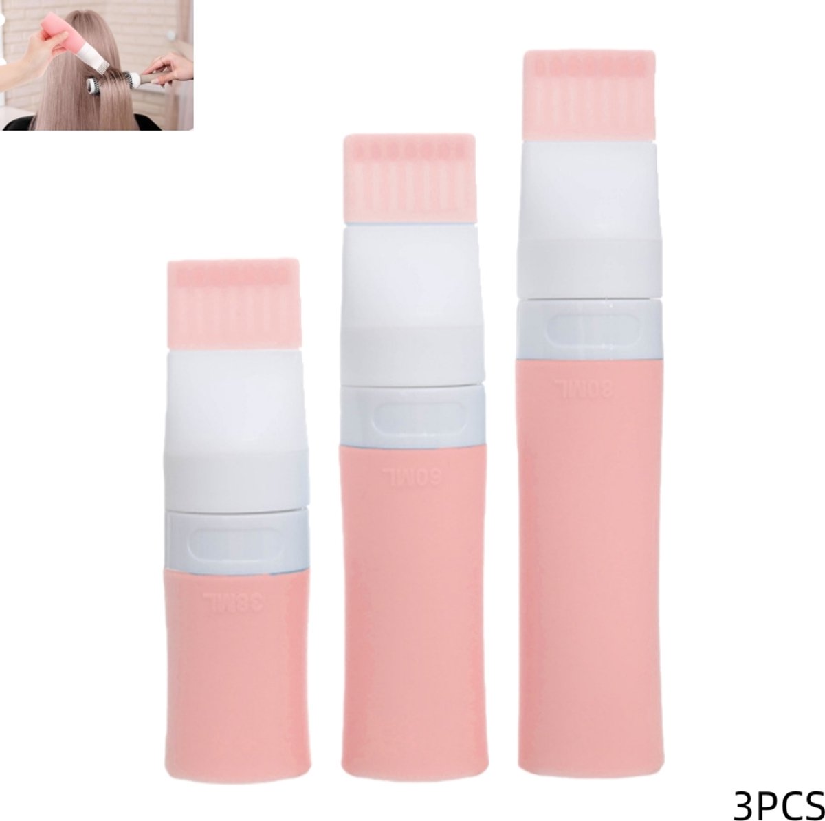 3 stuks - Siliconen haarolie-applicators - haarverfapplicator - met kam - geschikt voor haarverf, conditioners en hoofdhuidoliën - roze - 38 ml+60 ml+80 ml