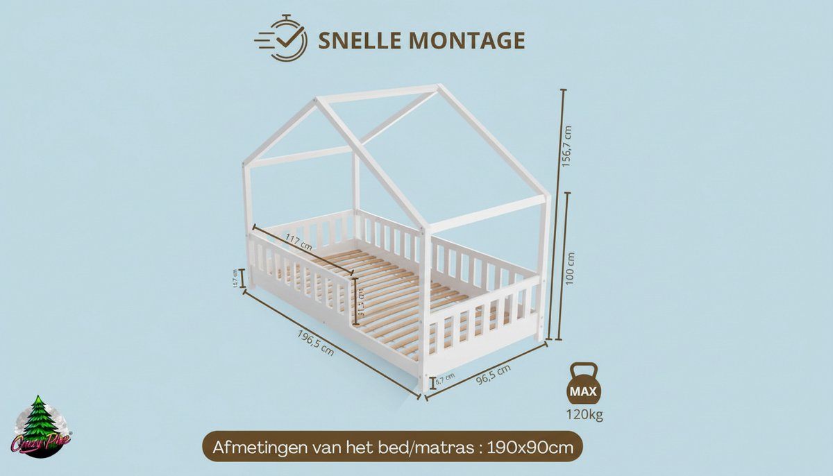 Cabin Bed 190x90 cm – Casa Velluto Nordic White Montessori Kinderbed – Wit Houten Hutbed met In Hoogte Verstelbare Poten, Veiligheidsrail en Lattenbodem – Scandinavisch Design Vloerbed voor Jongens en Meisjes