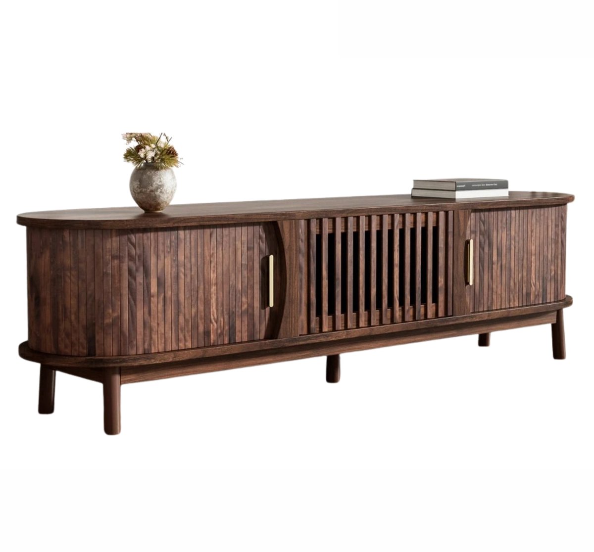 Jurrys Tv meubel - Kast - Opbergkast - Met schuifdeur - Multifunctioneel - Ovaal - Luxe Notenhout - Bruin - 165 x 39.5 x 46 cm Donkerbruin