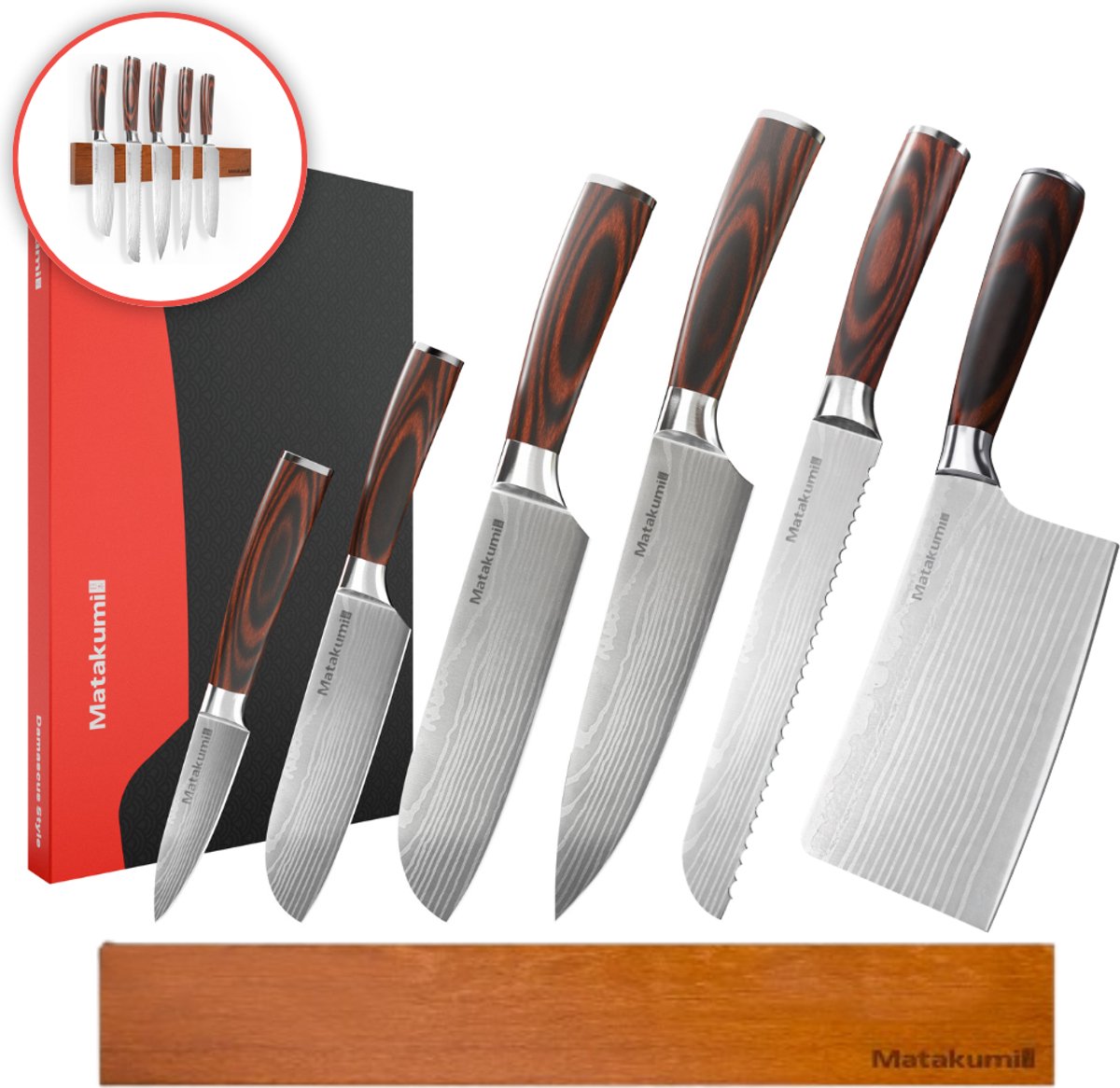 Matakumi 7-delige Messenset Damascus Stijl met Messenmagneet - Japanse Keukenmessen - Perfect Voor Hobbykoks en de Professionele Keuken