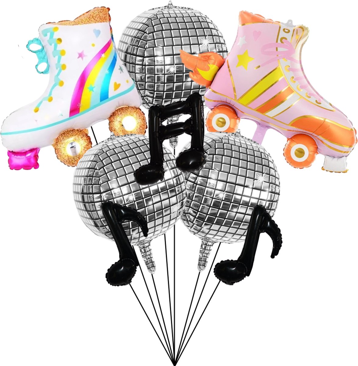 Disco Folieballonnen Set – Discobal, Rollerskate & Muzieknoten – 8 stuks - Jaren 80 Discofeest Decoratie