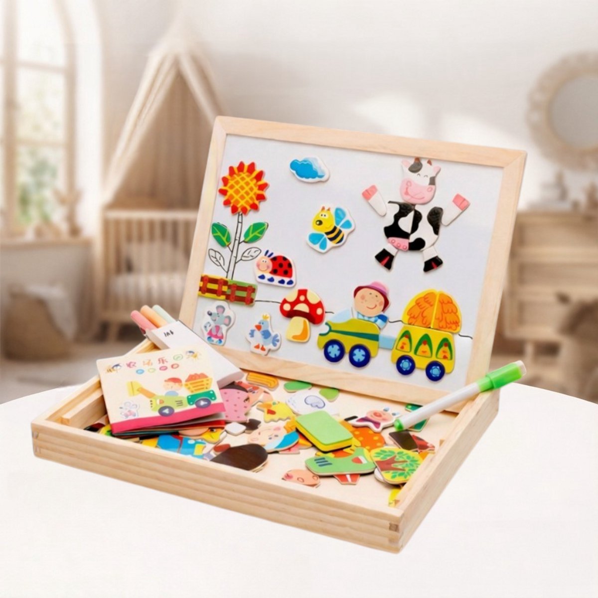 Houten Mini Kinder Ezel Tekenbord – Magnetisch Whiteboard & Krijtbord – Educatief Speelgoed met Dieren & Vormen – Inclusief Krijtjes & Marker - Montessori Speelgoed