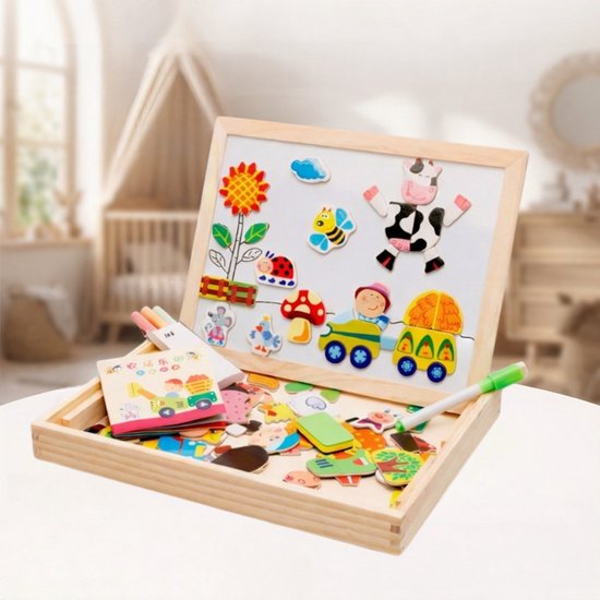 Houten Mini Kinder Ezel Tekenbord – Magnetisch Whiteboard & Krijtbord – Educatief Speelgoed met Dieren & Vormen – Inclusief Krijtjes & Marker