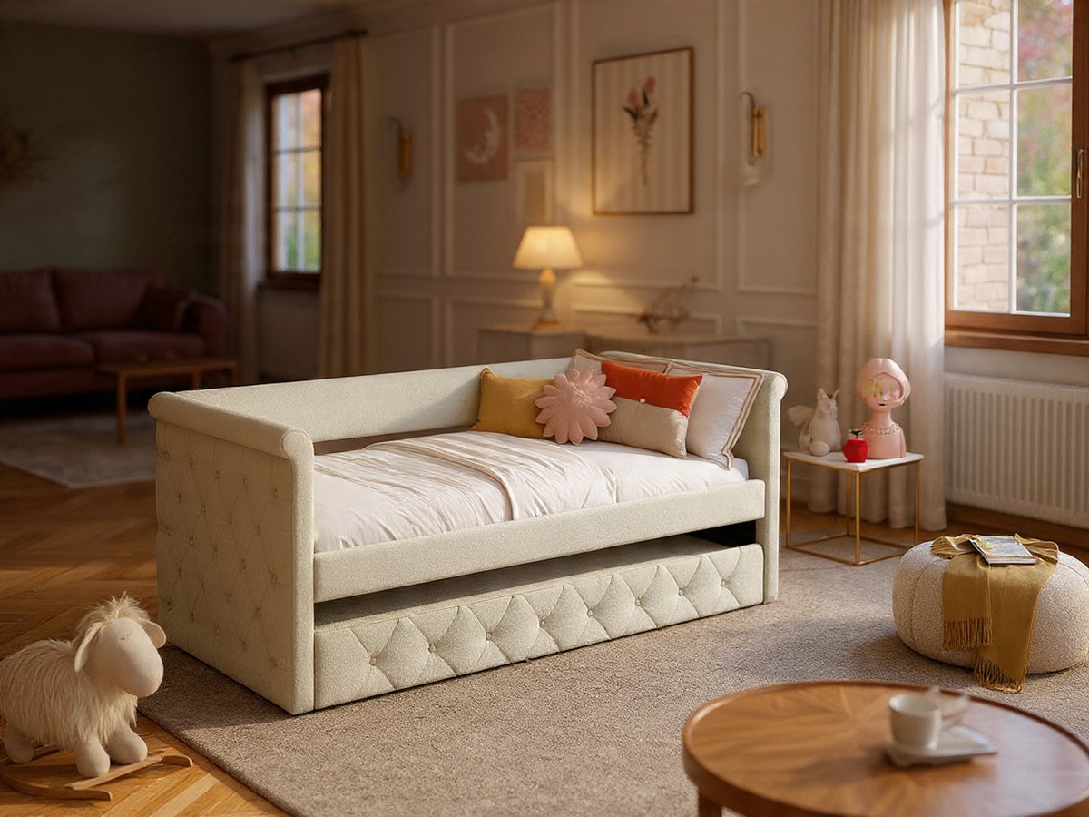 Luxe Uitschuifbare Slaapbank 2x90x190 cm met Capitonnage – Gestoffeerd Eenpersoonsbed met Logeerbed, Lattenbodems en Rugleuning – Beige- Novihome