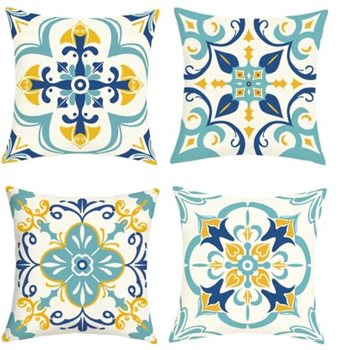 Ultiluxe® Kussenhoezen - 4 Stuks - Sierkussenslopen - Decoratieve Kussenhoes - 45 x 45 cm - Polyester Linnen - Marokkaans Geometrisch Design - Blauw