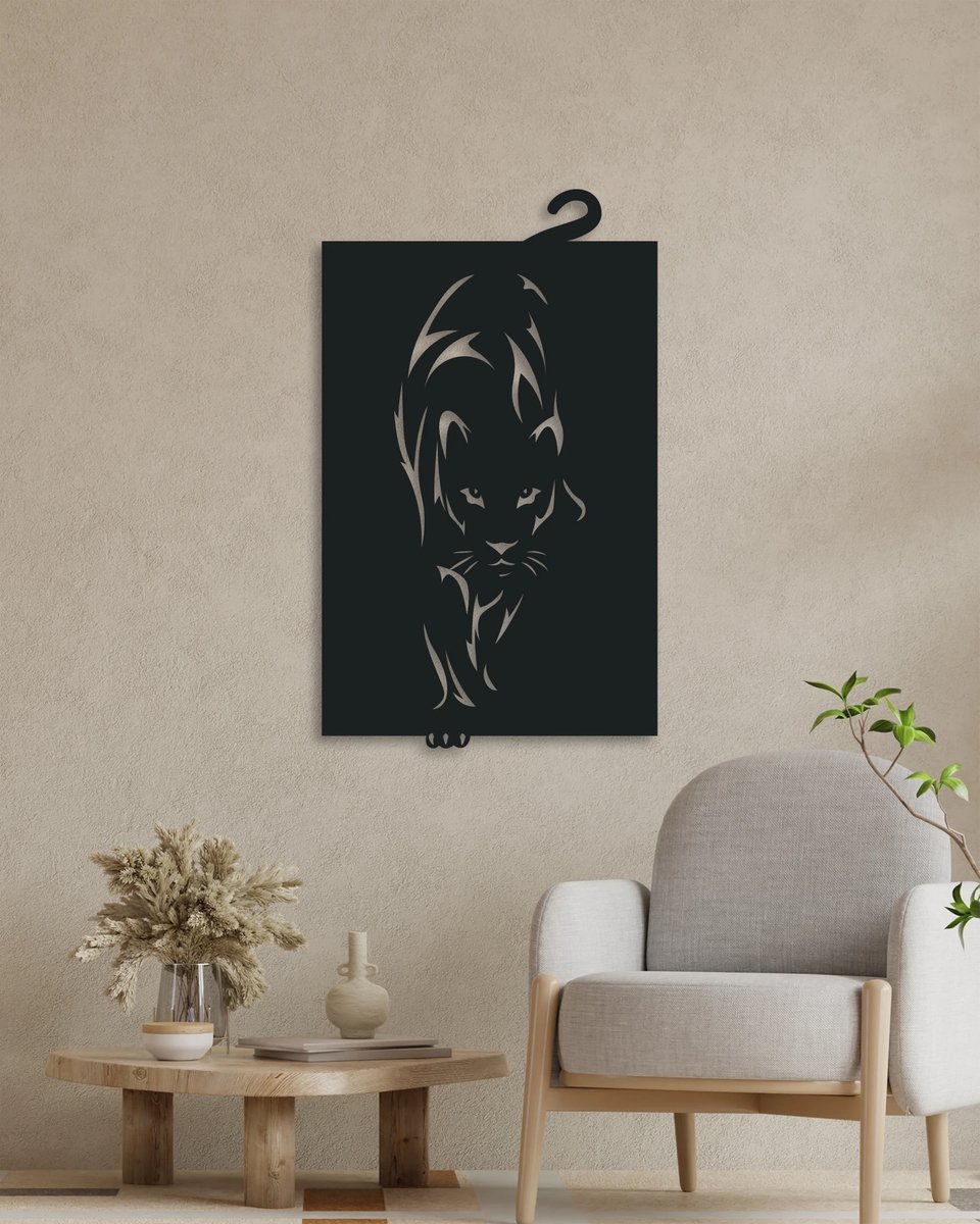 Panter Muurdecoratie Hout – Zwarte Wanddecoratie Panter – Moderne Dieren Wandkunst – 42 x 70 cm