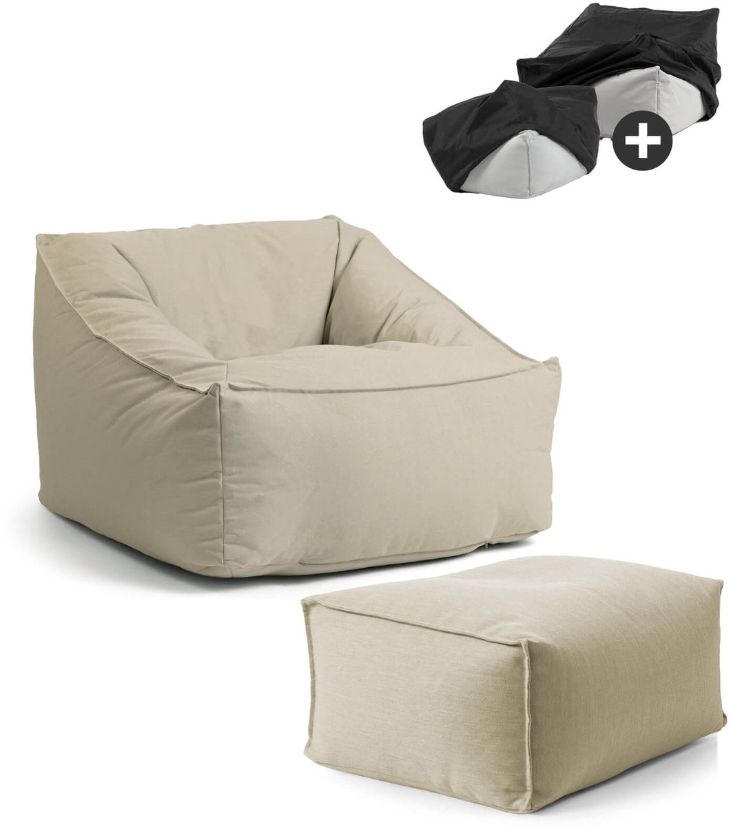 mokebo Lounge tuinstoel met hocker & beschermhoes 'Der Sunnyboy' Made in Germany, outdoor zitzak, beanbag met vulling, als ligkussen, tuinligbed, relaxstoel, vloerkussen of ligbed in Zand