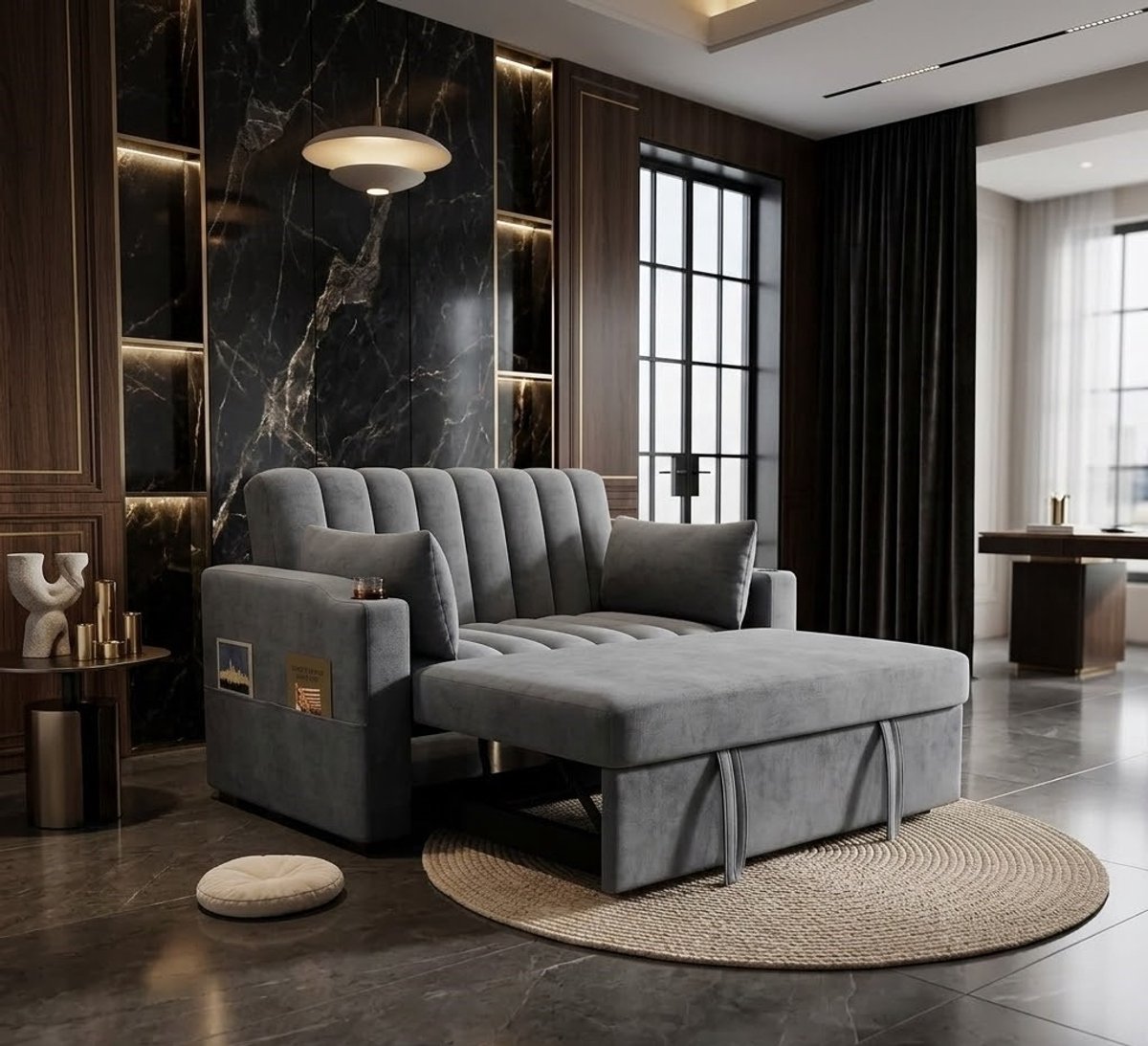 Luxe Moderne Multifunctionele Slaapbank – 2-Zits Bankbed met Verstelbare Rugleuning, Bekerhouders en Kussens – Comfortabele Grijze Bank voor Woonkamer, Slaapkamer en Kleine Ruimtes - Casa Serena