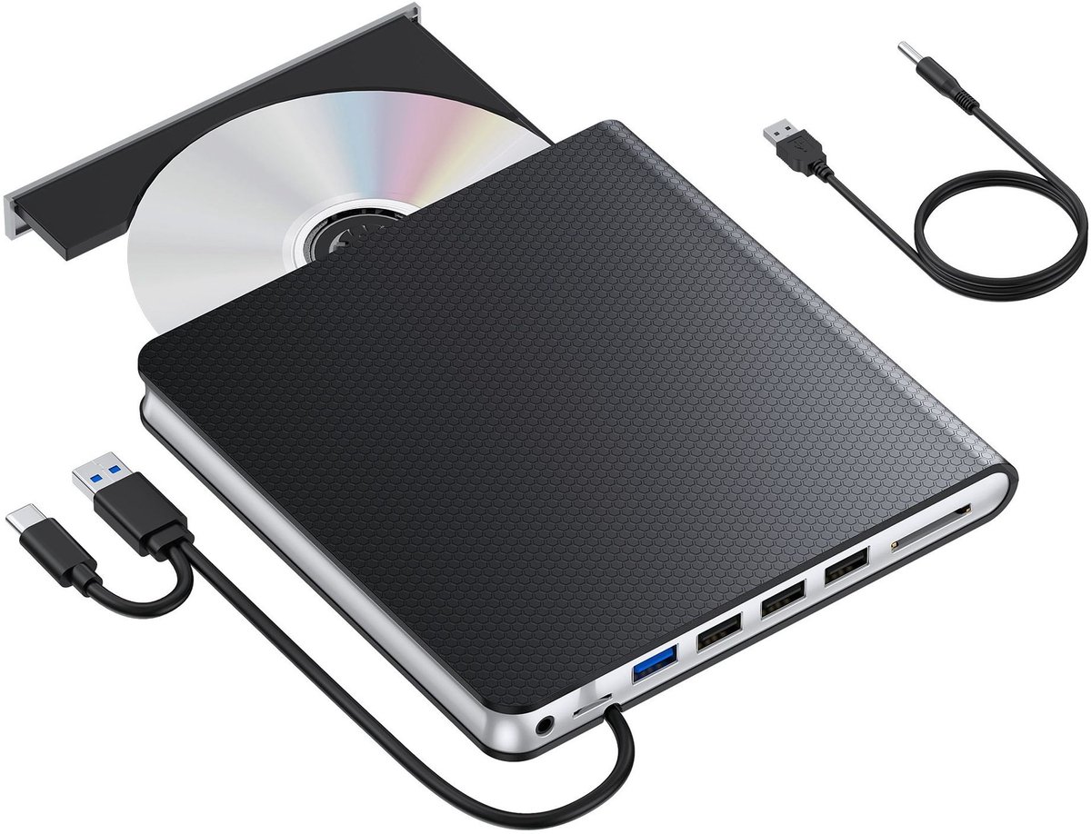Image of DrPhone DW13 - Externe 1080P CD/DVD Drive 6-in-1 USB 3.0 & USB-C met SD/Micro Kaartlezer – Windows / Mac / Linux - Zwart