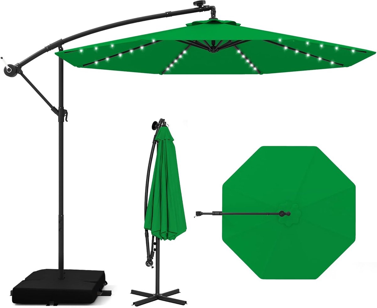 KOMFOTTEU Parasol 300 cm - zweefparasol Solar LED - met zandzakken - met verlichting - draaibaar - kantelbaar - tuinparasol - voor tuinen en balkons