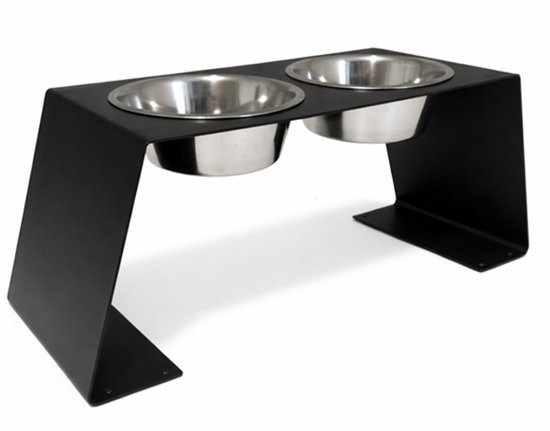Zwarte metalen dubbele voerbakstandaard met RVS bakken. Modern, geometrisch design.
