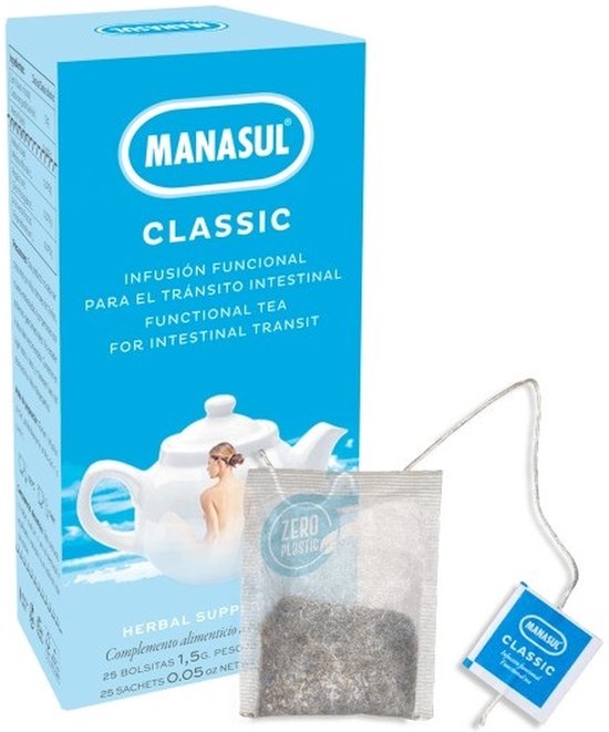 Doos en zakje Manasul Classic thee met "Zero Plastic" logo. Tekst: "FUNCTIONAL TEA FOR INTESTINAL TRANSIT".