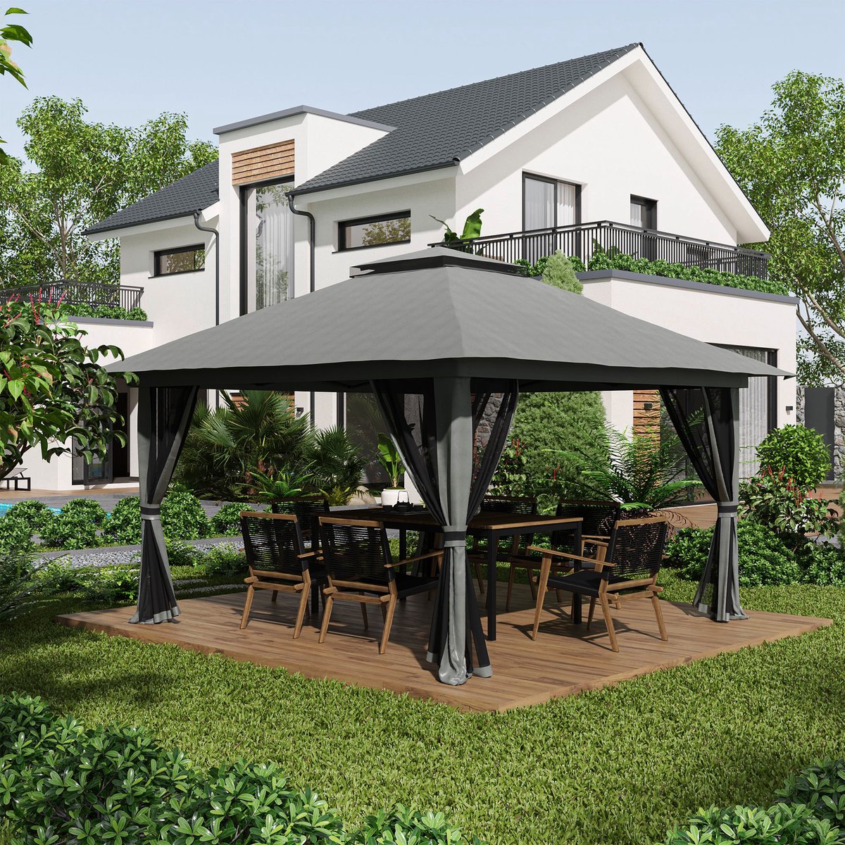 REDOM - Opvouwbaar Partytent - Pop-Up - In Hoogte Verstelbaar - Dubbel Dak - Met Horwanden - Ijzer - Donkergrijs - 392 X 392 X 283 Cm