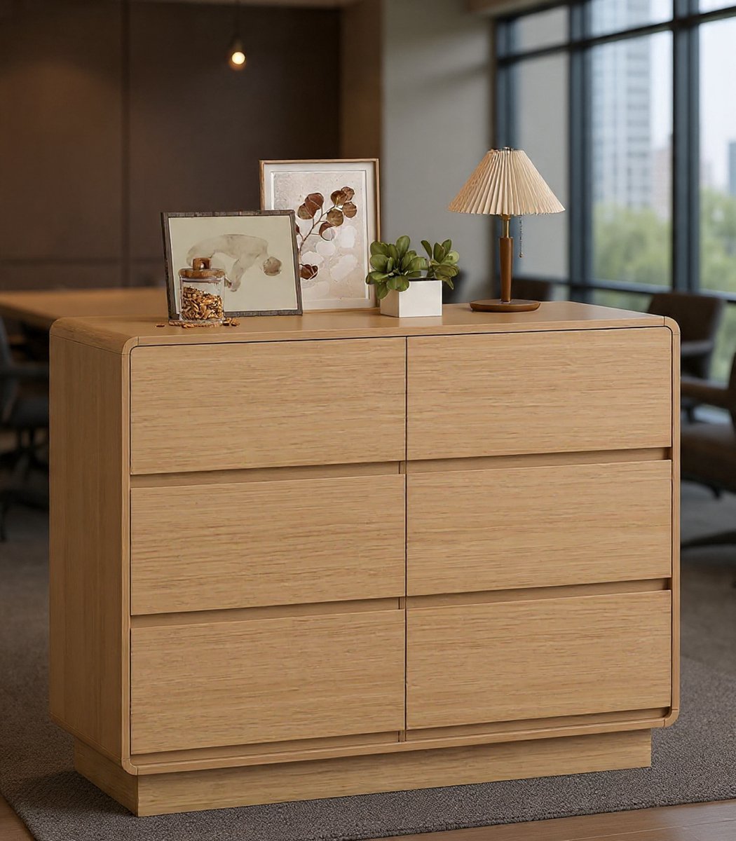 Sideboard, commode met 6 laden, 100 cm, opbergkast met afgeronde randen, moderne bijzetkast, keukenkast voor woonkamer, keuken, eetkamer, 100 x 38 x 86 cm, natuurlijk hout-NoviHome