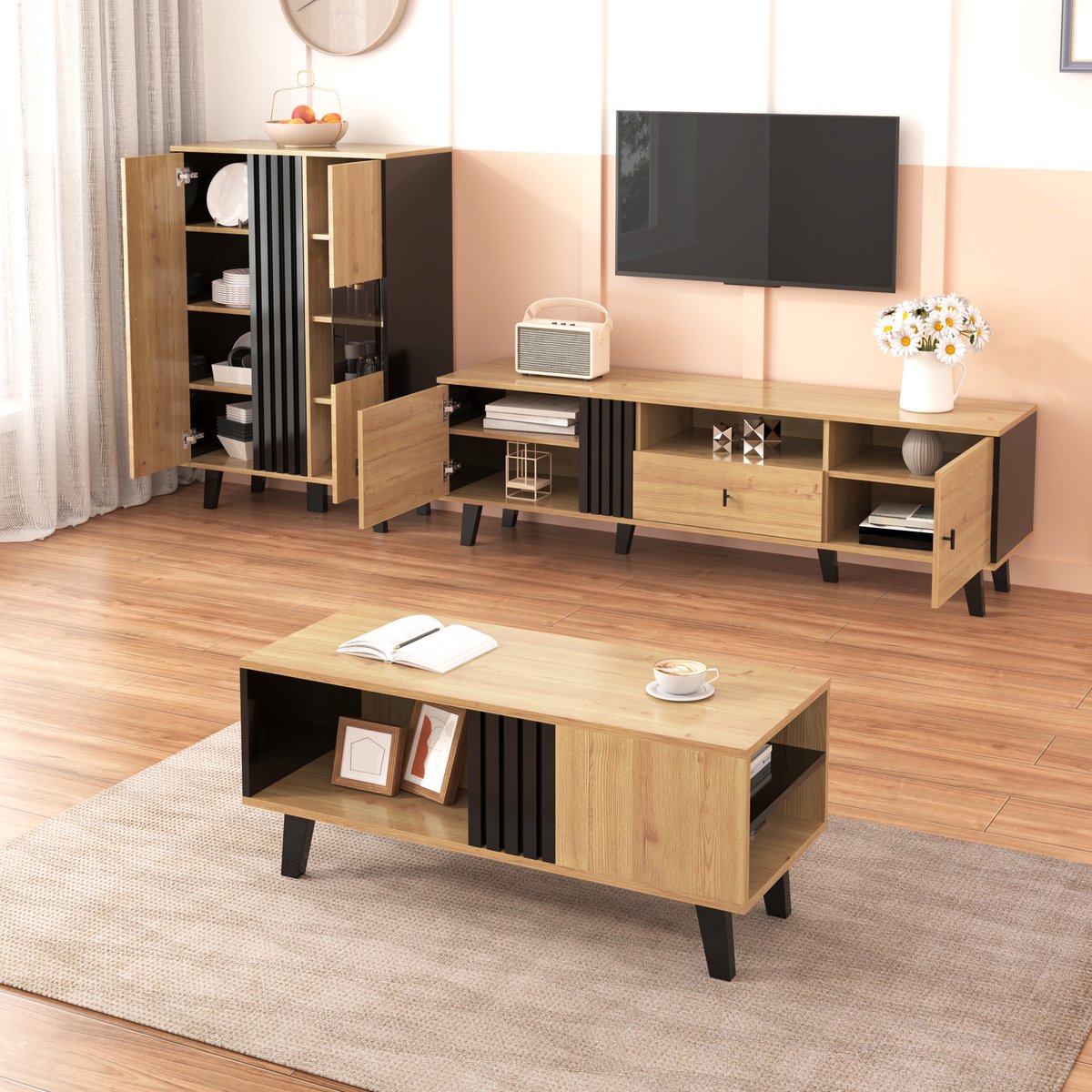HAUSS SPOLE Woonkamermeubelset - 3-Delig Met TV-Kast, Salontafel En Dressoir - Met LED En 
