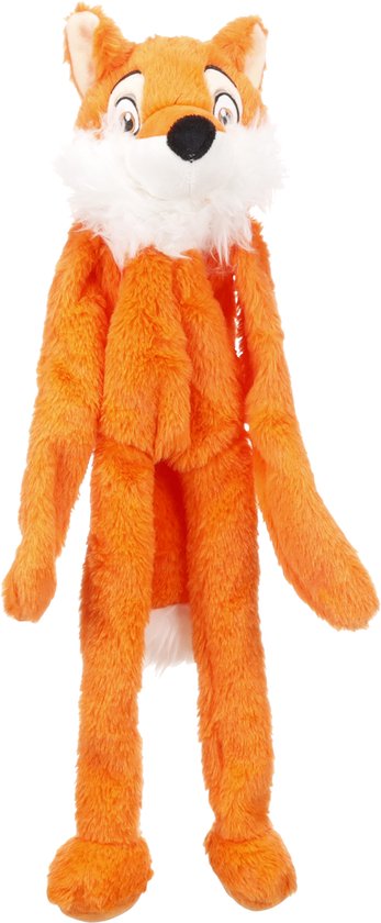 Zachte, oranje vos knuffel met witte accenten op snuit en oren. Lange poten en staart.