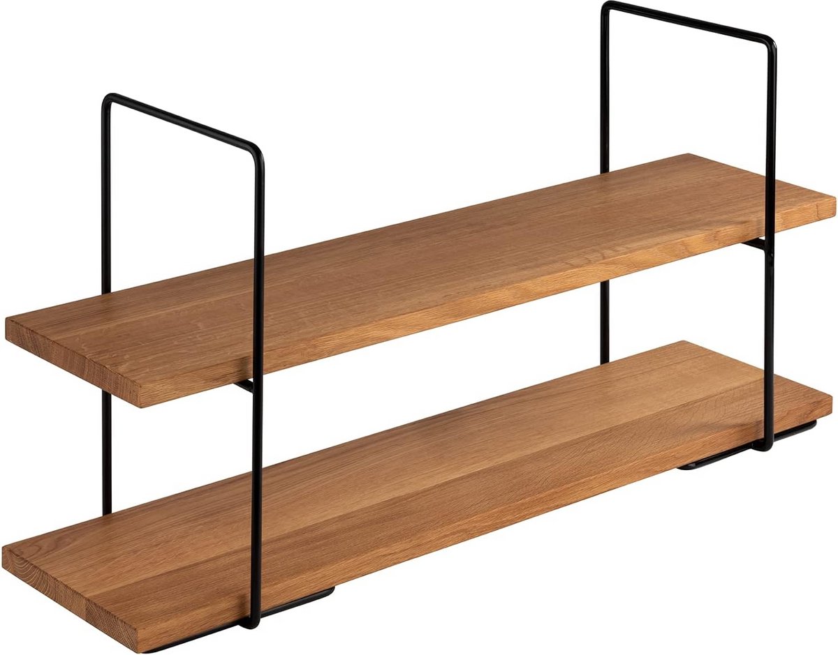 2-traps etagère van eikenhout met zwart frame voor elegant buffet
