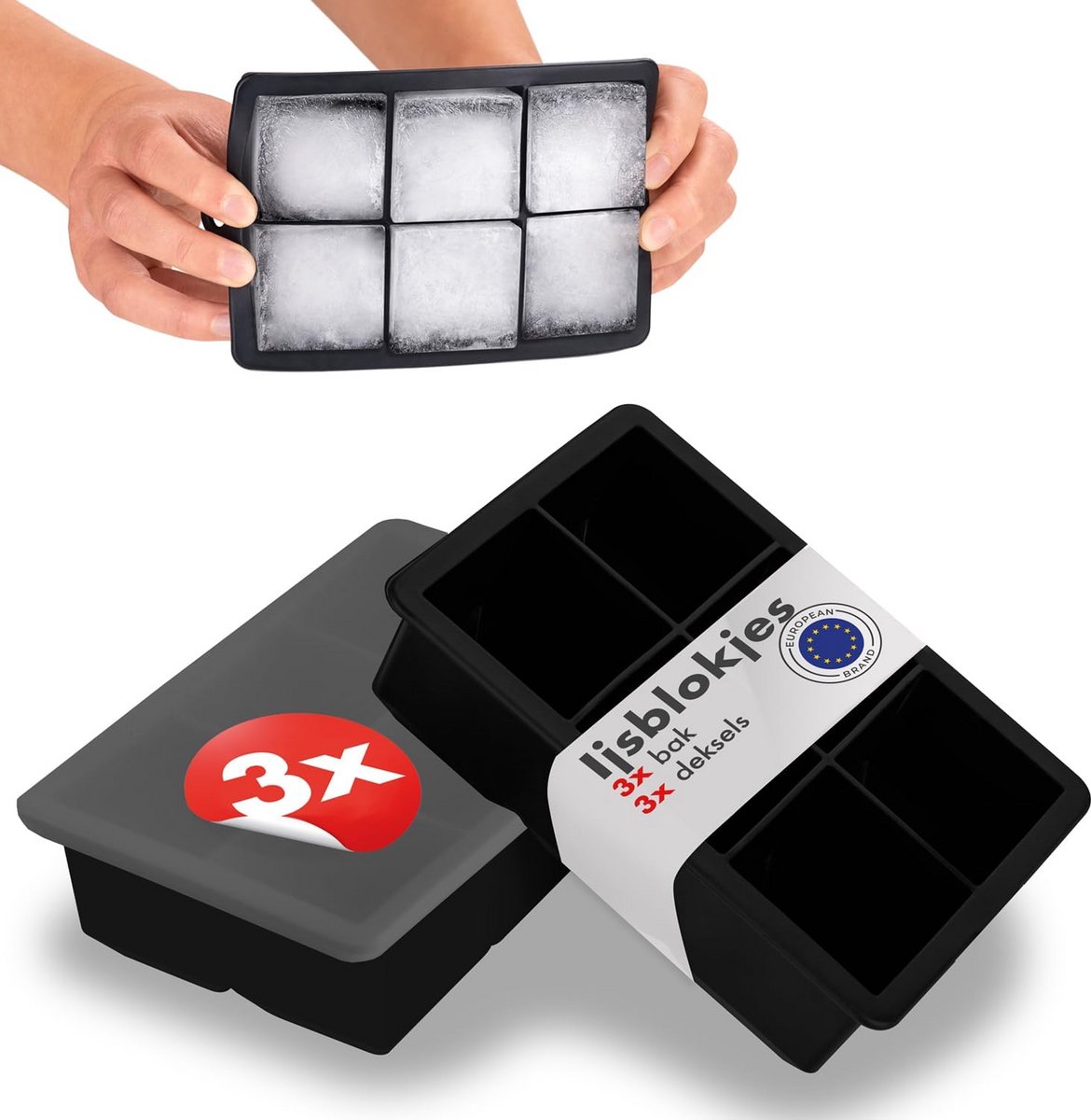 Silicone ijsblokjesvorm met deksel, 6 vakjes, set van 3, BPA-vrij