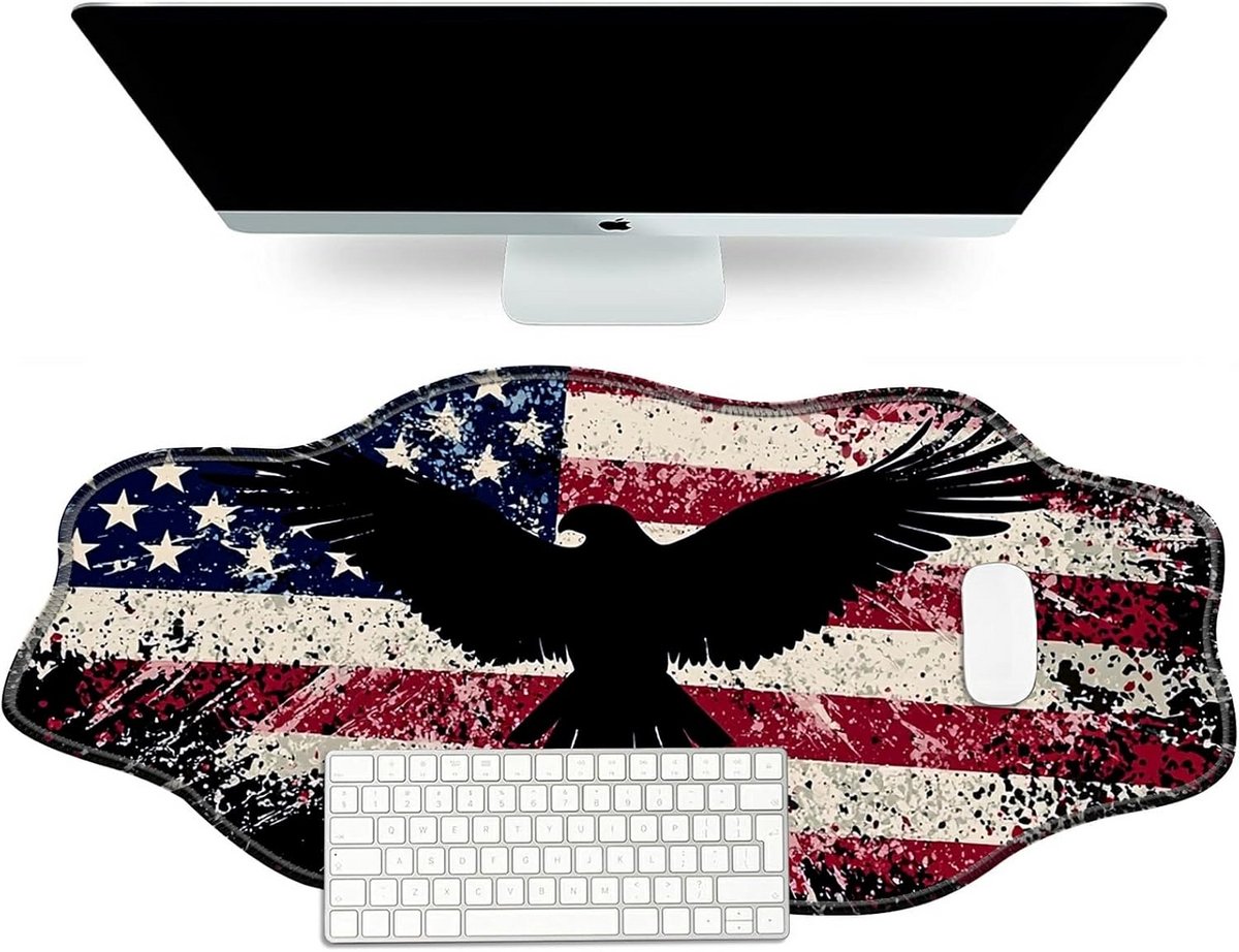 Ruime muismat met Amerikaanse vlag arend thema, 35,4 x 15,7 cm, anti-slip rubberen basis, gestikte randen - Ideaal voor bureau, gaming en kantoor