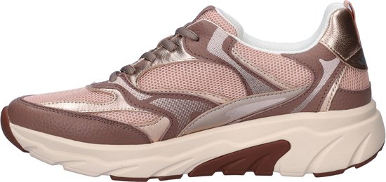 Zijaanzicht van een roze Gabor Rollingsoft sneaker met mesh, metallic en bruine accenten.