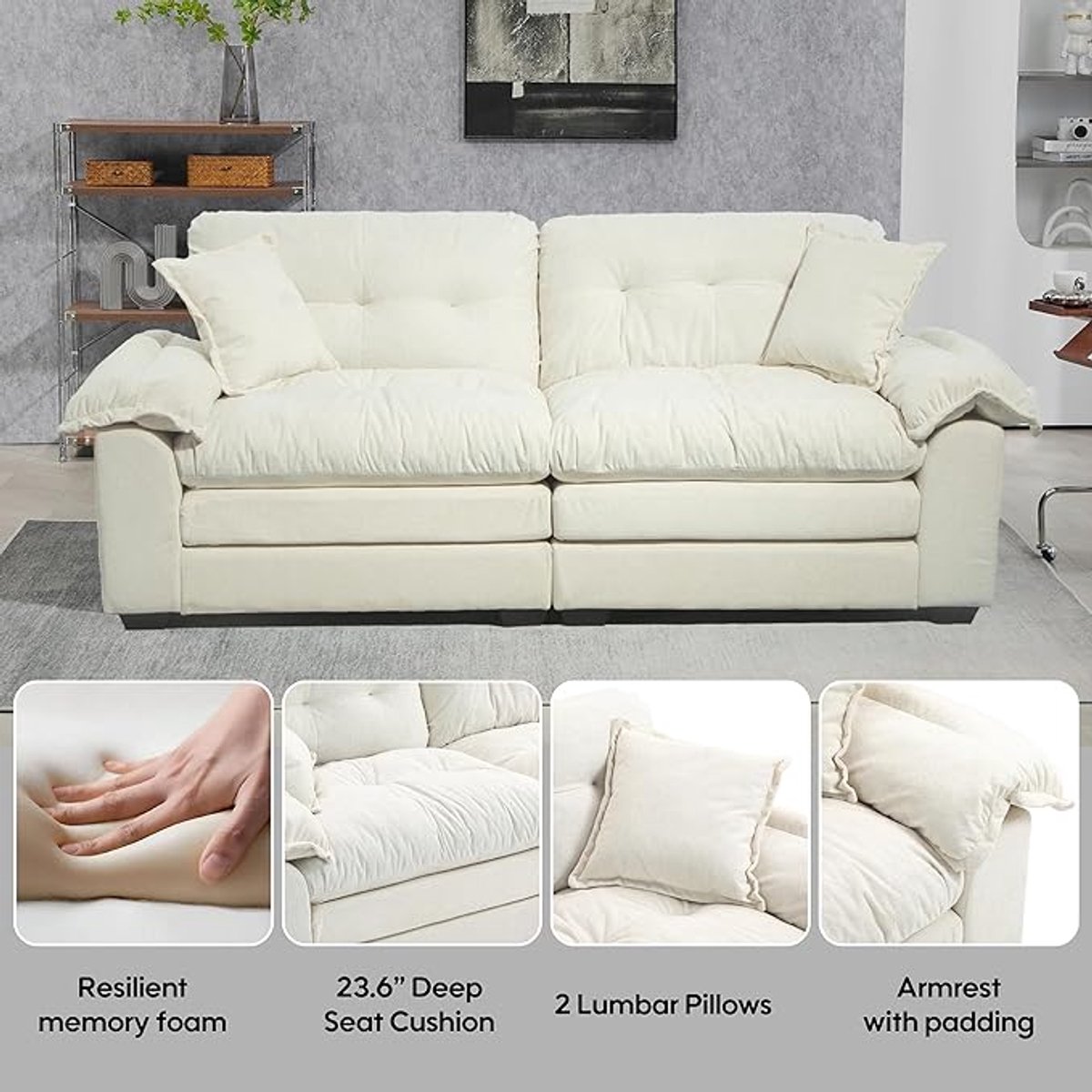 2-Zits Bank 213 x 88 x 90 cm – Moderne Chenille Sofa met Memory Foam en Pocketveren, Ergonomische Rugleuning en Massief Houten Frame – Beige – Pauwhome