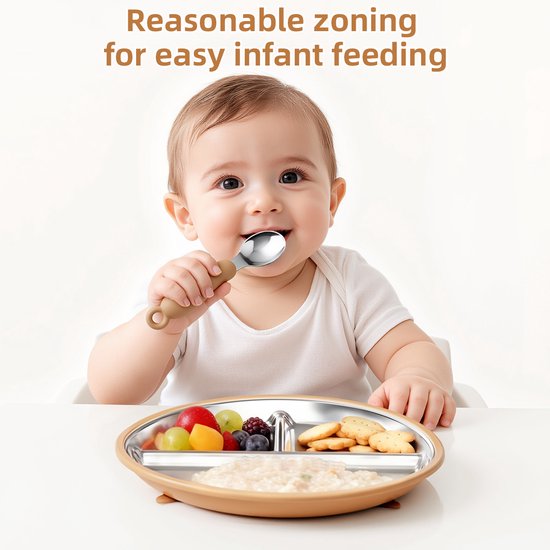 RVS Baby Bord - Roestvrijstalen Kinderbord met Siliconen Zuignap - Beige - Verdeelbord met 3 Vakjes - Antislip Bord voor Baby’s en Peuters - BPA-vrij - Vaatwasser- en Magnetronbestendig - 21x21 cm van rvs — afbeelding 4