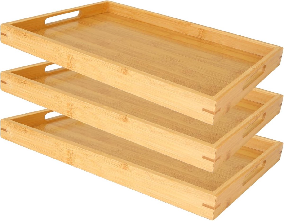 Set van 3 Bamboe Serveerbladen met Handvatten Rechthoekig 35x25 cm
