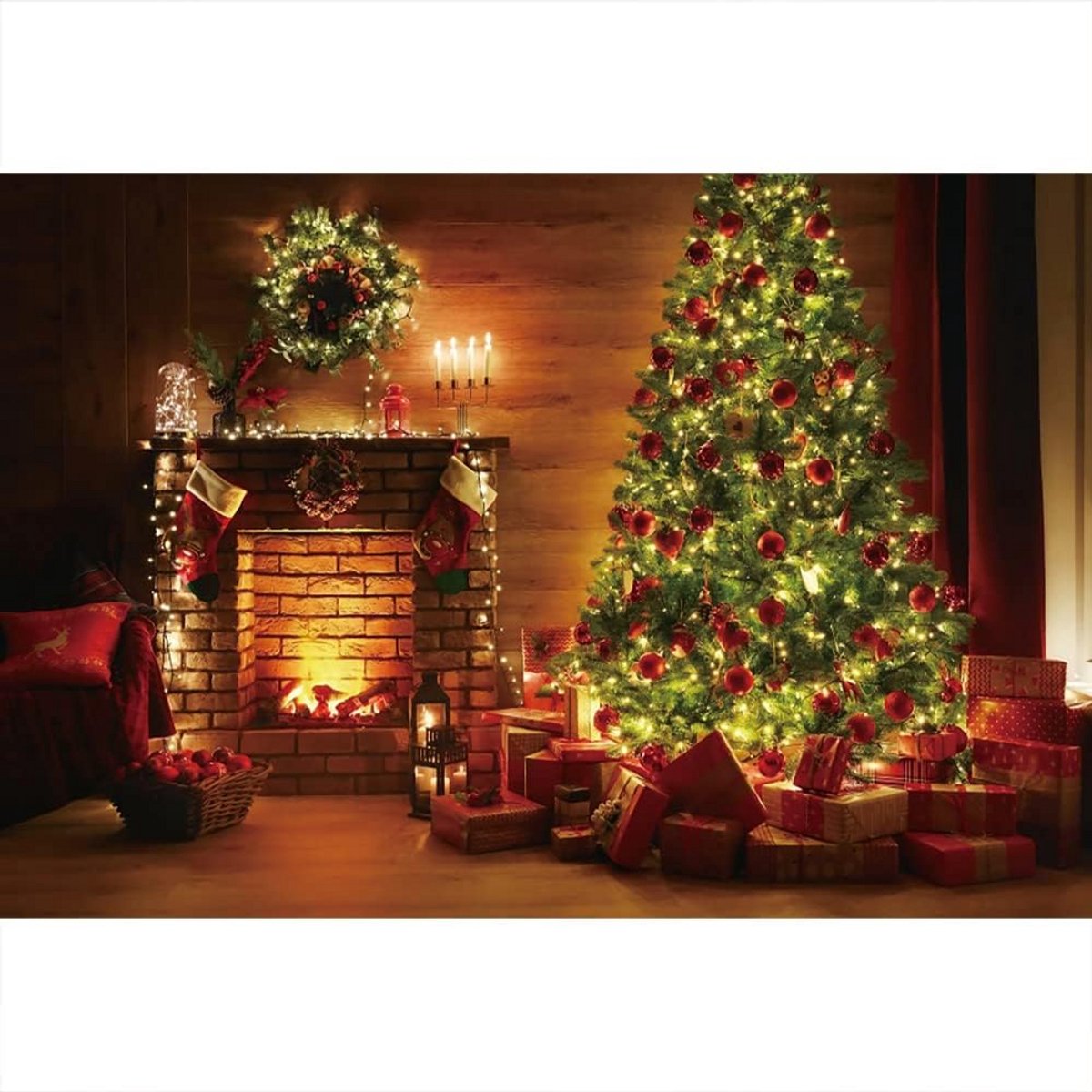 Grote Kerst Fotografie Achtergrond 4,5x3m - Kerstboom Open Haard & Cadeau Muur Banner
